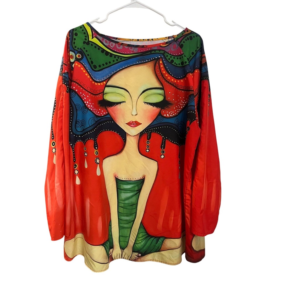 Artistic Woman Face Print Long Sleeve Tunic Top Women's Casual Wear - Picture 1 of 2